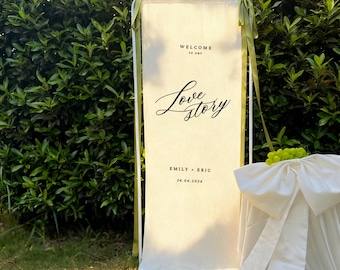 Minimalist Love Story Fabric Welcome Sign – Personalized Linen Wedding Sign, Custom Text Printed on Linen Cloth Banner