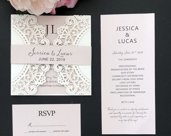 Elegant Blush Pink Wedding Invitations with Ivory Laser Cut Pocket with FREE RSVP Cards