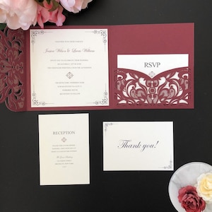 Automne Bordeaux découpé au laser invitations de mariage avec des cartes de RSVP gratuit