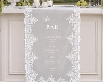Personalized Sheer Lace Wedding Bar Menu Sign – Custom Fabric Wedding Signage