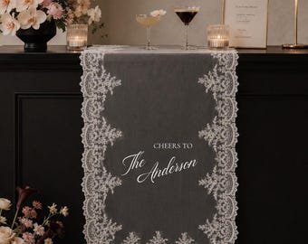 Personalized Sheer Lace Wedding Bar Sign – Custom Fabric Table Signage