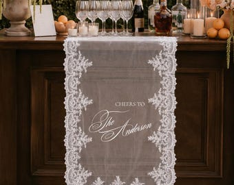 Sheer Lace Custom Wedding Bar Sign – Personalized Fabric Table Signage