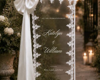 Lace Sheer Wedding Welcome Sign: Clear Veil Tulle, Fabric Ceremony Reception Sign Banner