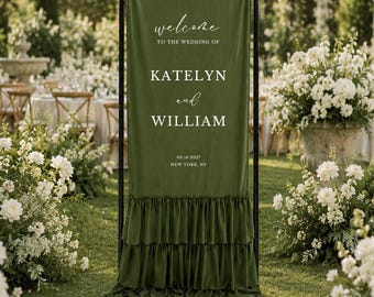 Custom Olive Green Ruffled Wedding Welcome Sign – Fabric Wedding Banners and Backdrops