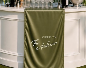 Personalized Olive Green Satin Silk Wedding Sign – Custom Fabric Wedding Bar Menu Signage