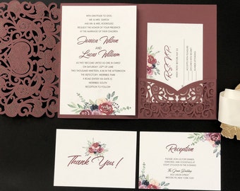 burgundy fall laser cut wedding invitations with FREE RSVP Cards