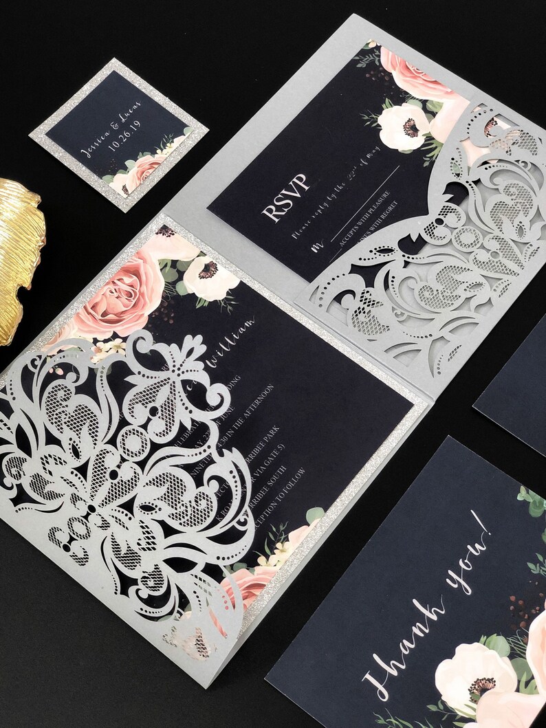 Navy and Pink Wedding Invitations With Silver Laser Cut - Etsy