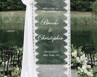 Custom Sheer Lace Wedding Welcome Sign: Clear Tulle, Fabric Ceremony Reception Sign Banner