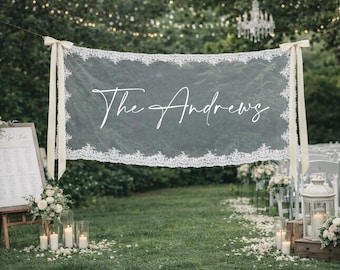 Sheer Lace Wedding Sign: Custom Names, Wedding Sweetheart Table Signs, Tulle Fabric Banner