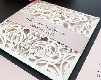 Elegant Blush Pink Laser Cut Wedding Invitation Cards with FREE RSVP Cards