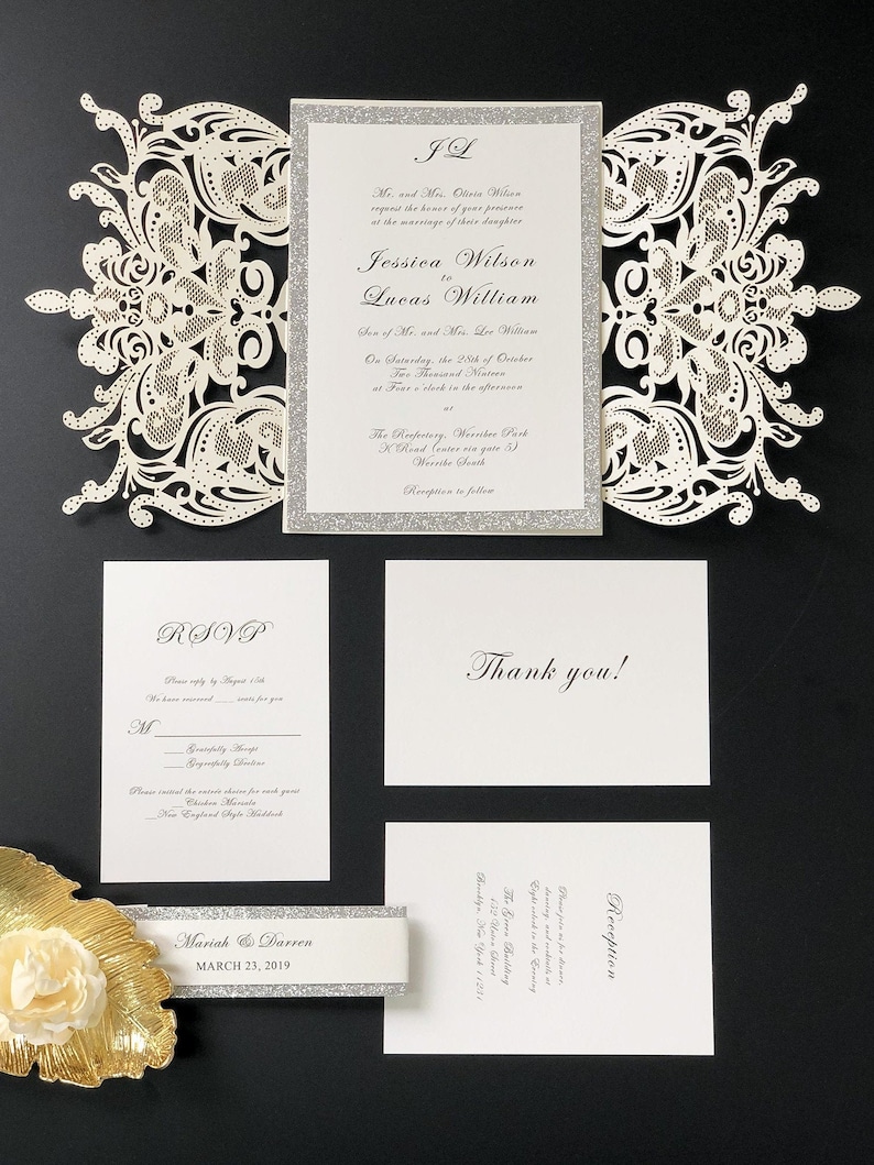 Elegant Laser Cut Wedding Invitations With Glitter Silver Etsy UK