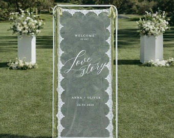 Sheer Lace Wedding Welcome Sign: Clear Tulle, Love Story Fabric Event Sign Banner Backdrop