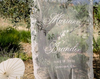 Lace Sheer Wedding Welcome Sign: Clear Tulle, Fabric Ceremony Reception Signage Banner