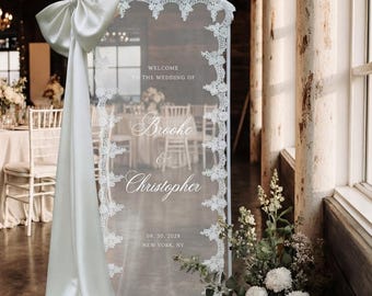 Vintage Lace Sheer Wedding Veil Welcome Sign: Clear Tulle, Fabric Ceremony Reception Sign Banner
