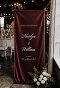 Personalized Burgundy Satin Silk Welcome Sign for fall \u2013 Custom Fabric Wedding Signage