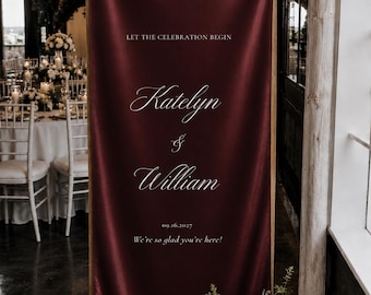 Personalized Burgundy Satin Silk Welcome Sign for fall – Custom Fabric Wedding Signage
