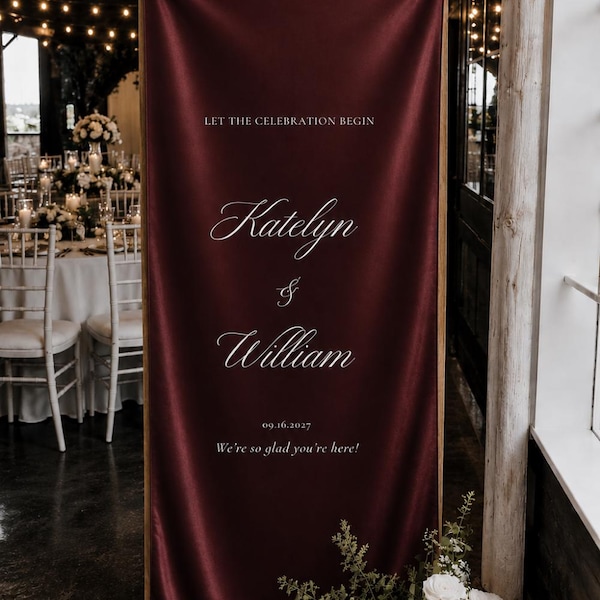 Personalized Burgundy Satin Silk Welcome Sign for fall – Custom Fabric Wedding Signage