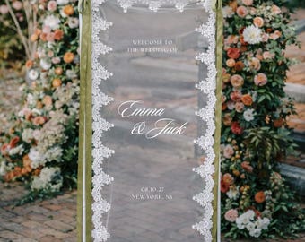 Sheer Lace Wedding Welcome Sign: Clear Tulle, Fabric Engagement and Bridal Shower Signage Backdrop