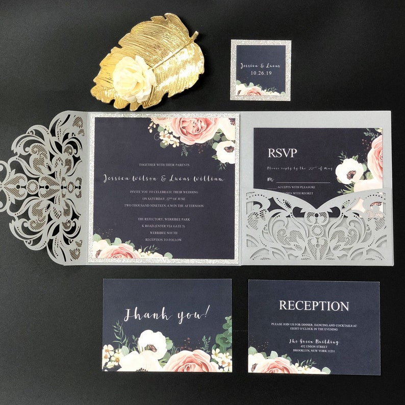 Navy and Pink Wedding Invitations With Silver Laser Cut - Etsy