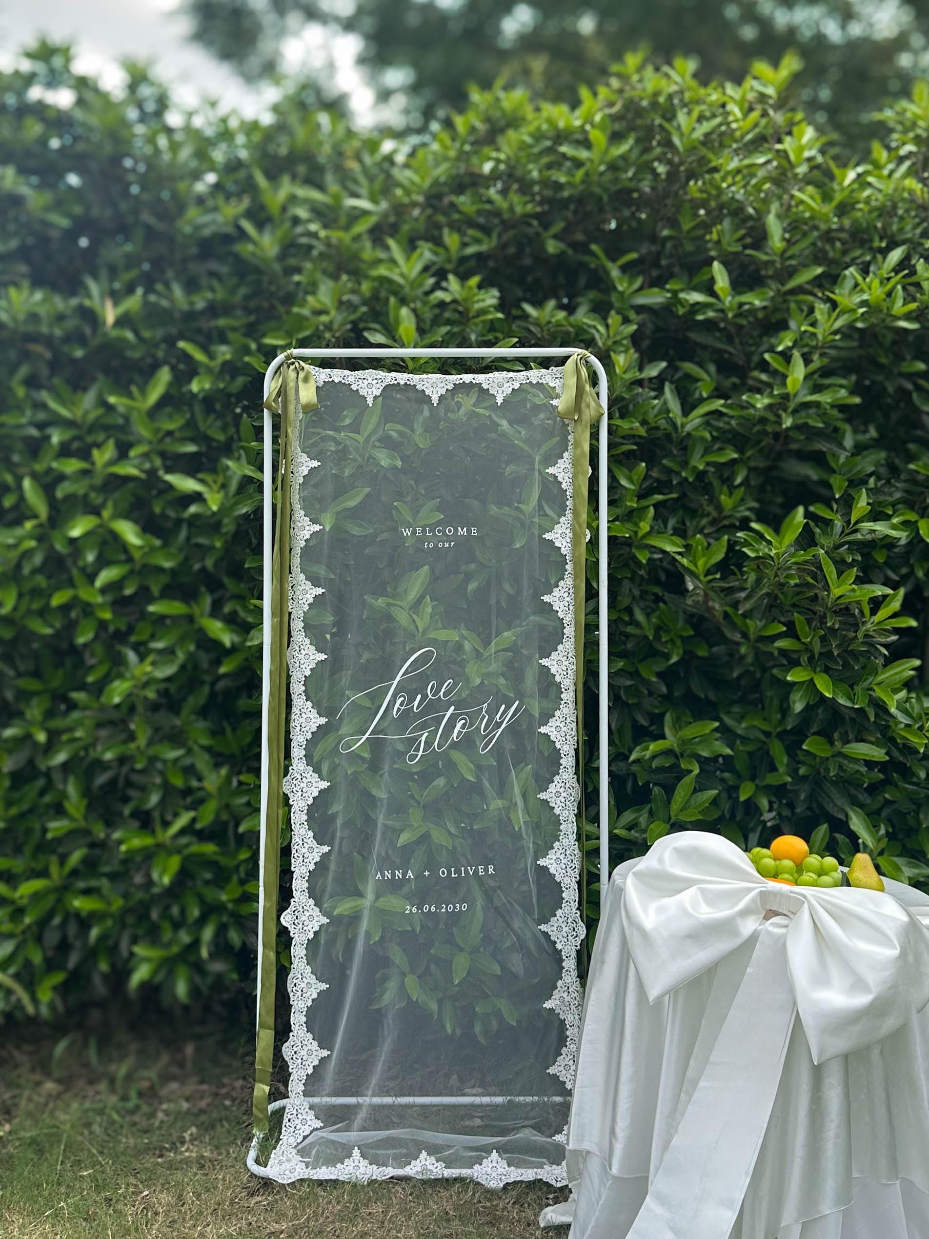 Sheer Lace Welcome Wedding Signage: Clear Tulle, Love Story Fabric ...