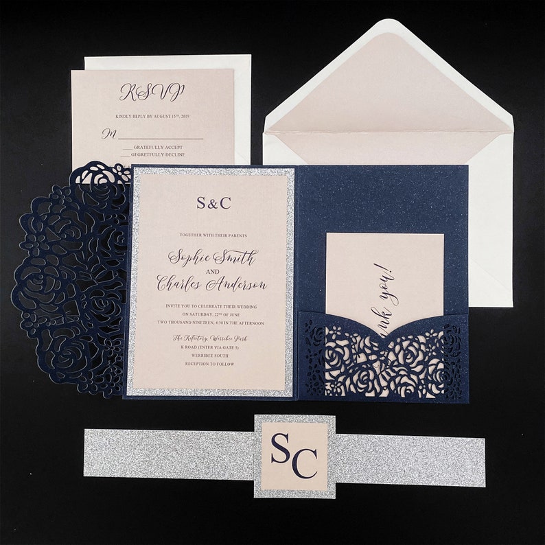 Elegant Navy and Pink Wedding Invitations With Laser Cut Etsy