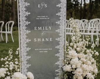 Lace Wedding Welcome Sign: White Lettering Fabric Ceremony Reception Sign Banner and Backdrop