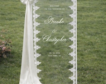 Elegant Sheer Lace Wedding Welcome Sign: Clear Tulle, Fabric Ceremony Reception Sign Banner