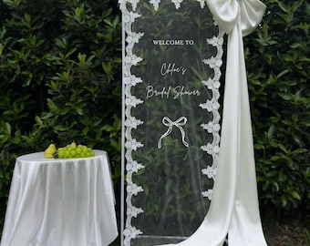 Lace Bridal Shower Welcome Sign on Veil: Sheer Lace and Clear Tulle, Fabric Ceremony Reception Banner