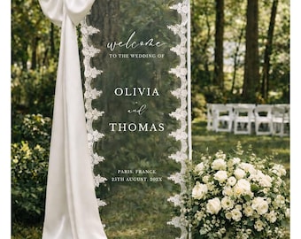 Romantic Lace Wedding Welcome Sign: Clear Tulle, Fabric Ceremony Reception Sign Banner