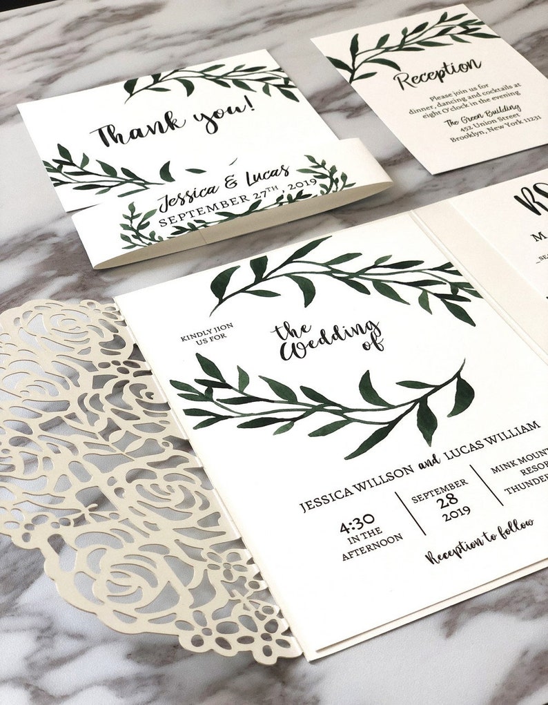 white and green wedding invitations with elegant laser cut pocket FREE RSVP cards