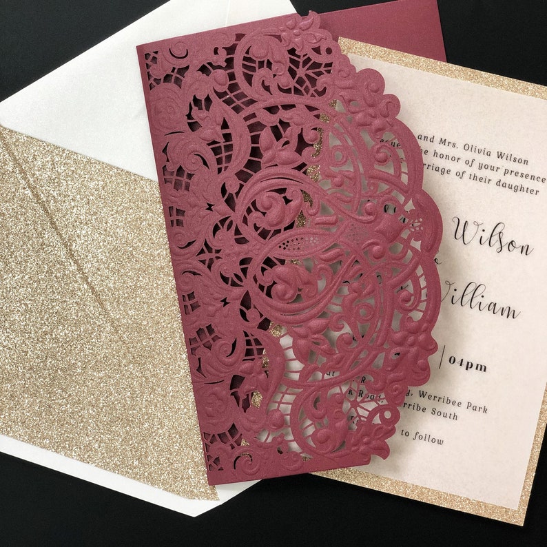 Vellum Paper Wedding Invitations with Burgundy Laser Cut