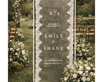 Romantic Lace Wedding Welcome Sign on Veil: Sheer Tulle, Fabric Ceremony Reception Signage Banner