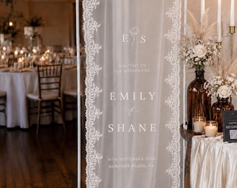 Lace Wedding Welcome Sign: Sheer Tulle, Fabric Ceremony Signage and Banner