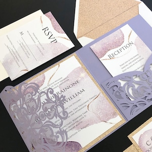 lavender and gold laser cut wedding invitation sets