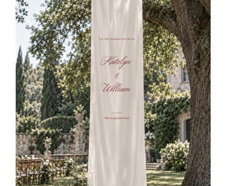 Extra Long Custom Satin Silk Fabric Wedding Welcome Sign Banner with Burgundy Lettering
