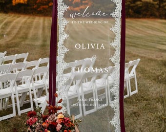 Lace Wedding Welcome Sign on Veil with Burgundy Ribbon for Fall: Sheer Tulle, Fabric Ceremony Reception Signage Banner
