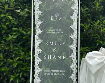Romantic Clear Lace Wedding Welcome Sign on Veil: Sheer Tulle, Fabric Ceremony Reception Signage Banner