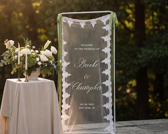 Elegant Lace Sheer Custom Wedding Welcome Sign: Fabric Ceremony Reception Sign Banner, Bridal Shower Signage