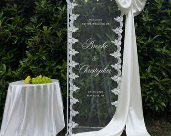 Custom Sheer Lace Wedding Welcome Sign: Clear Tulle, Fabric Ceremony Reception Sign Banner