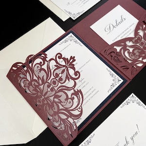 Burgundy and Navy Wedding Invitations with Laser Cut Pockets-Free RSVP Cards