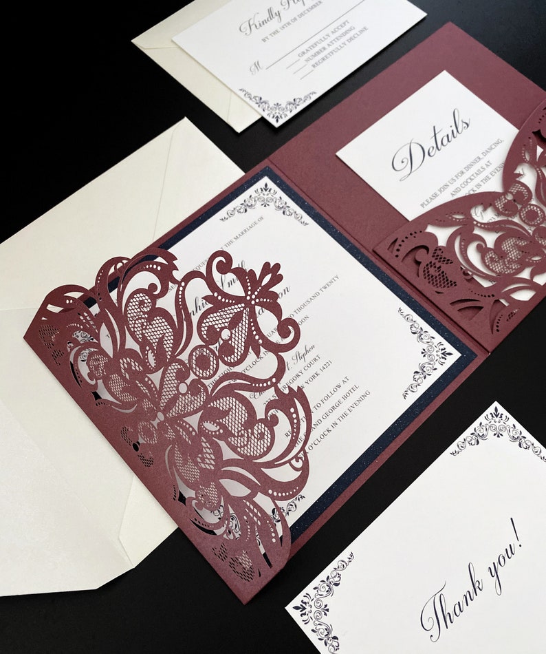 Burgundy and Navy Wedding Invitations with Laser Cut Etsy