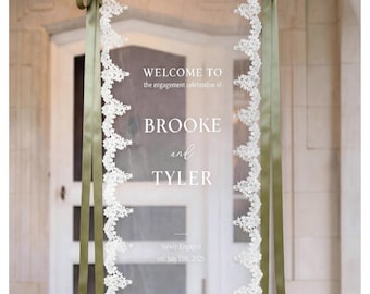 Elegant Sheer Lace Wedding Welcome Sign for Engagement: Clear Tulle, Fabric Engagement Signage Backdrop