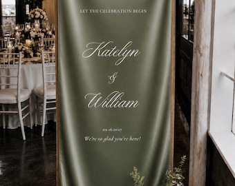 Personalized Olive Bridal Satin Silk Welcome Sign – Custom Fabric Wedding Signage, Elegant Ceremony Banner