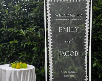 Sheer Lace Engagement Welcome Sign: Clear Tulle Wedding Sign, See Through Fabric Wedding Signage Backdrop