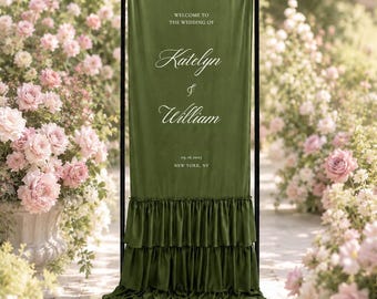 Custom Olive Green Ruffles Wedding Sign – Fabric Wedding Banners and Backdrops