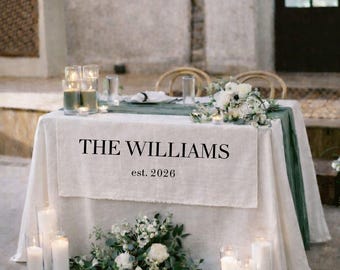 Custom Wedding Table Runner Signs – Linen Fabric Sweetheart Table Sign, Personalized Reception Banner