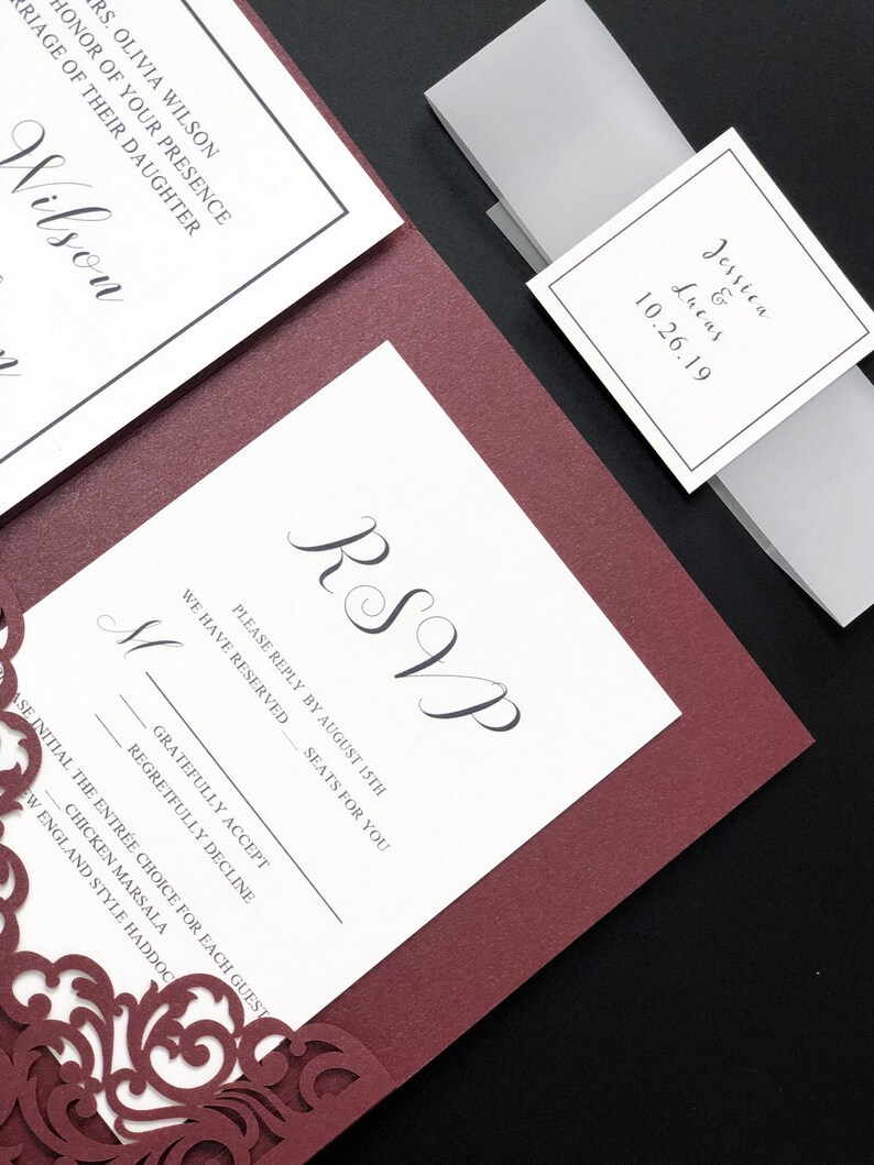 Elegant Burgundy Wedding Invitations With Laser Cut Pockets Etsy