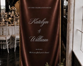 Personalized Chocolate Brown Satin Silk Welcome Sign – Custom Fabric Wedding Signage
