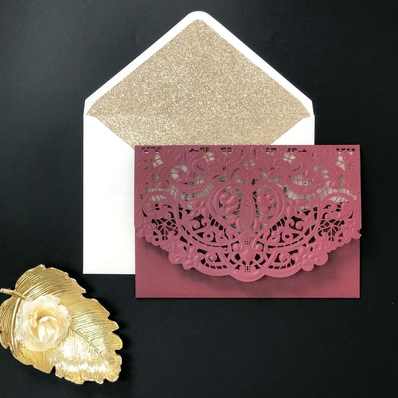 Vellum Paper Wedding Invitations with Burgundy Laser Cut