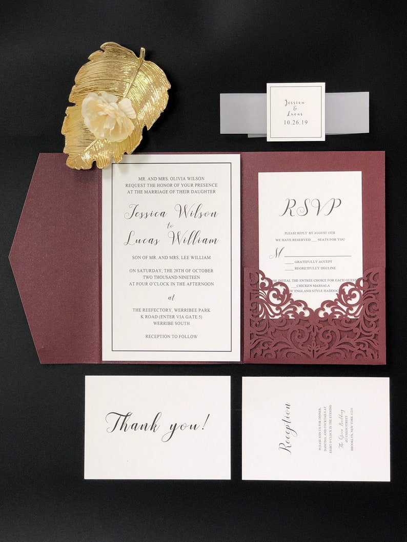 Elegant Burgundy Wedding Invitations With Laser Cut Pockets - Etsy